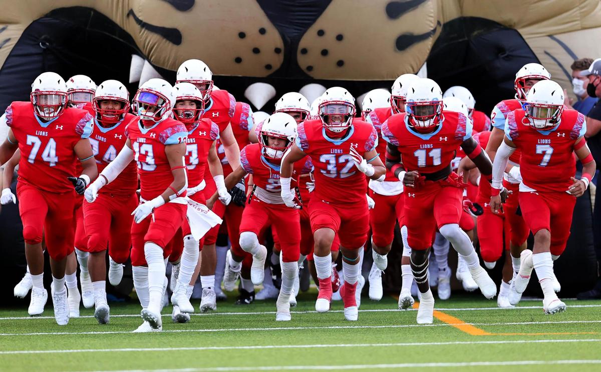 The Castleberry Lions enter the field to face Pilot Point, Friday night, September 4, 2020 played at W.O. Barnes Stadium in Fort Worth , TX (Steve Nurenberg Special to the Star-Telegram)