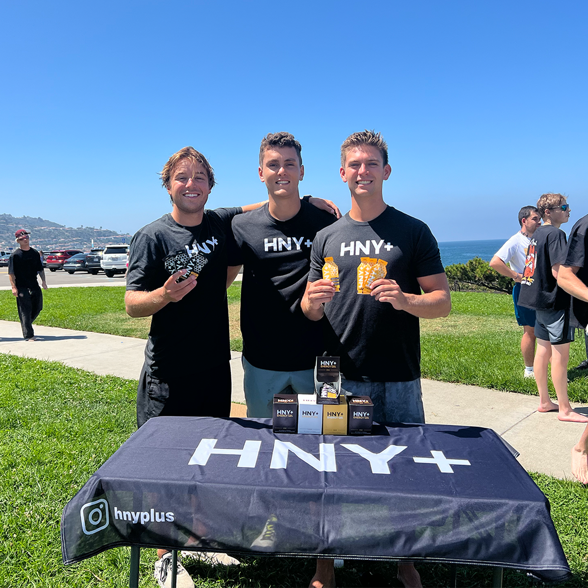The three TCU college roommates, Luke Smialowicz (left), Liam Brogan (middle) and Ross Cooley (right) bring HNY+ to various run clubs for athletes to try out their product. They often receive positive feedback.