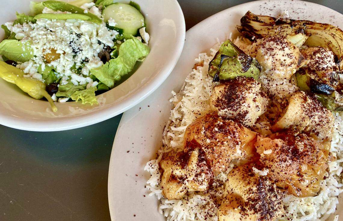 Chicken kebabs and Greek salad at Chadra Mezza in Fort Worth, as seen June 6, 2020.