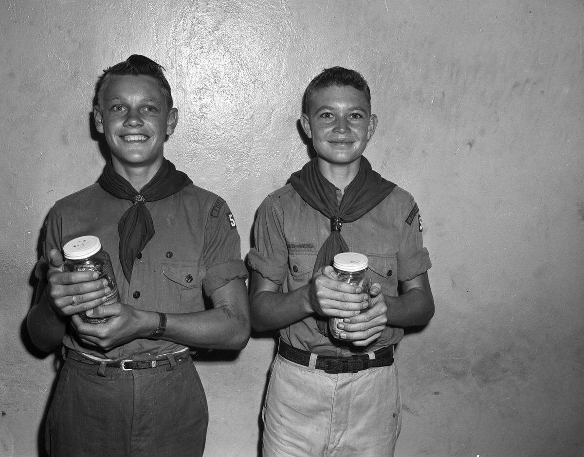 July 21, 1943: Boy Scouts from Troop 54 of St. Paul’s Methodist Church, Fort Worth, who collected $117 in one day for the Polio Fund, from left, Jerry McKown and Bobby Rawlings.