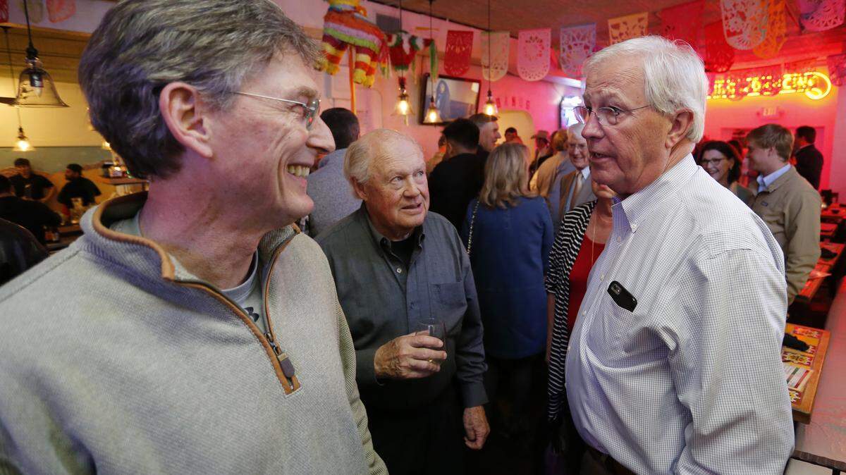 State Rep. Charlie Geren (R, right) at his watch party at The Original Mexican Restaurant, with supporters Walker Friedman (left) and Jay Sandelin (center). Election night in Fort Worth, Texas, Tuesday, March 6, 2018.