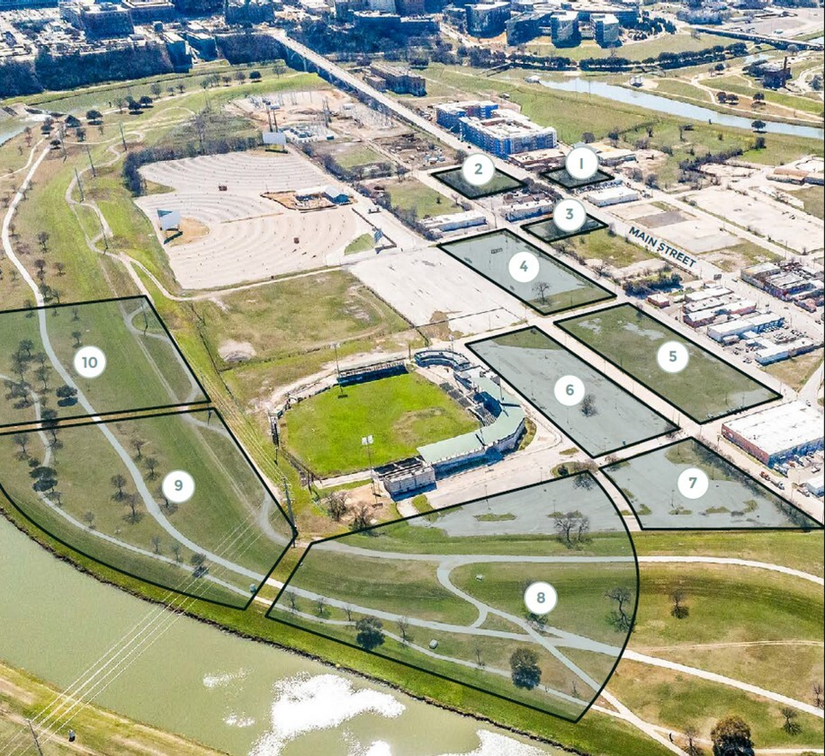 A map of land parcels next to LaGrave field indicating which ones are up for sale.