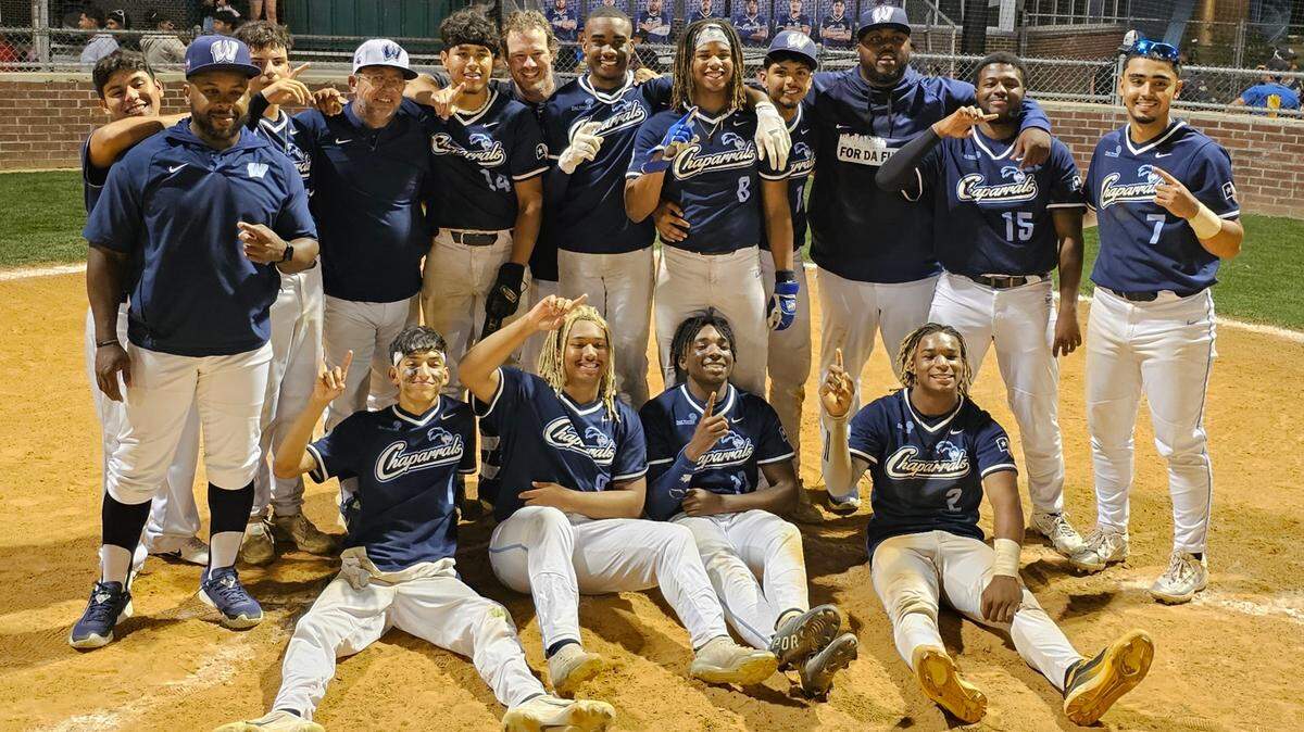 The Fort Worth O.D. Wyatt baseball team poses at home plate after ending a 52-year playoff drought with a 10-0, 5-inning win over Fort Worth South Hills on Friday, April 19, 2024 at Wyatt High School in Fort Worth, Texas.