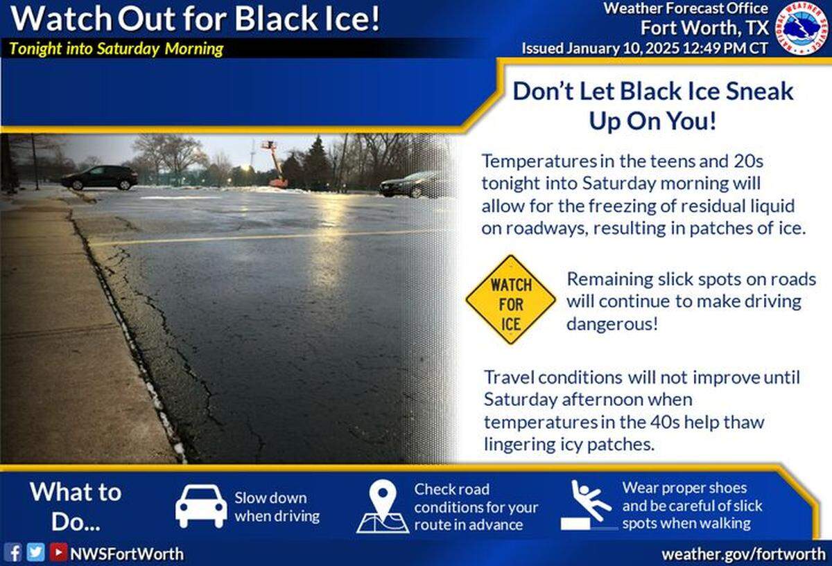 Black ice will lead to hazardous driving conditions Friday night into Saturday morning, Jan. 11, 2025, across much of North Texas, according to the National Weather Service. Traffic conditions may rapidly deteriorate as temperatures plummet into the teens and 20s, quickly refreezing any liquid on the roadways.