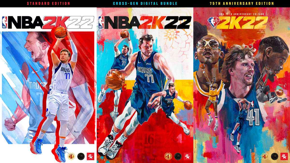 Covers of NBA 2K22 featuring Dallas Mavericks stars Luka Doncic and Dirk Nowitzki.