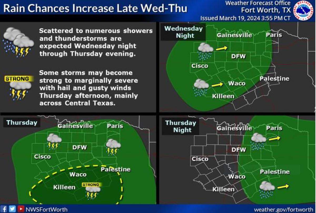 Rain chances with embedded storms will increase from west to east late Wednesday night and continue across the region through Thursday night. A few strong to marginally severe storms will be possible, especially along and south of I-20 with hail and downburst thunderstorm winds.