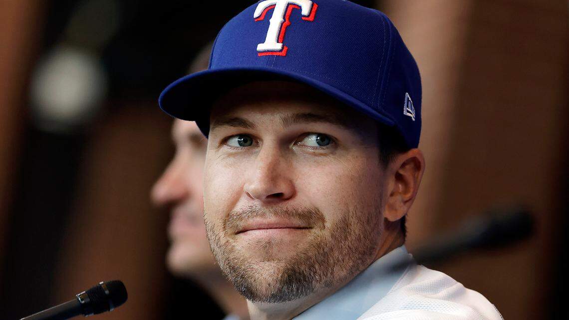 Texas Rangers pitcher Jacob deGrom listens during a baseball news conference at Globe Life Field in Arlington, Texas, on Dec. 8, 2022.