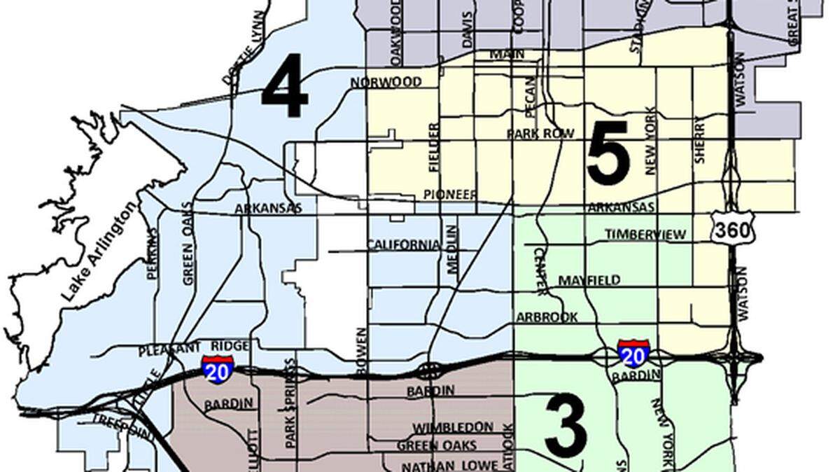 Arlington has five councilmembers serving single-member districts. Three additional councilmembers and the mayor serve the entire city.