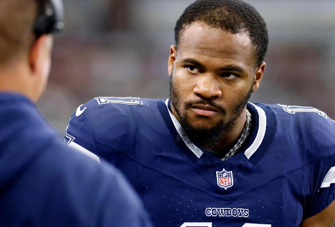 Dallas Cowboys defensive end Micah Parsons on the sideline during the final regular-season game against the Washington Commanders on Sunday, Jan. 5, 2025, at AT&T Stadium in Arlington.
