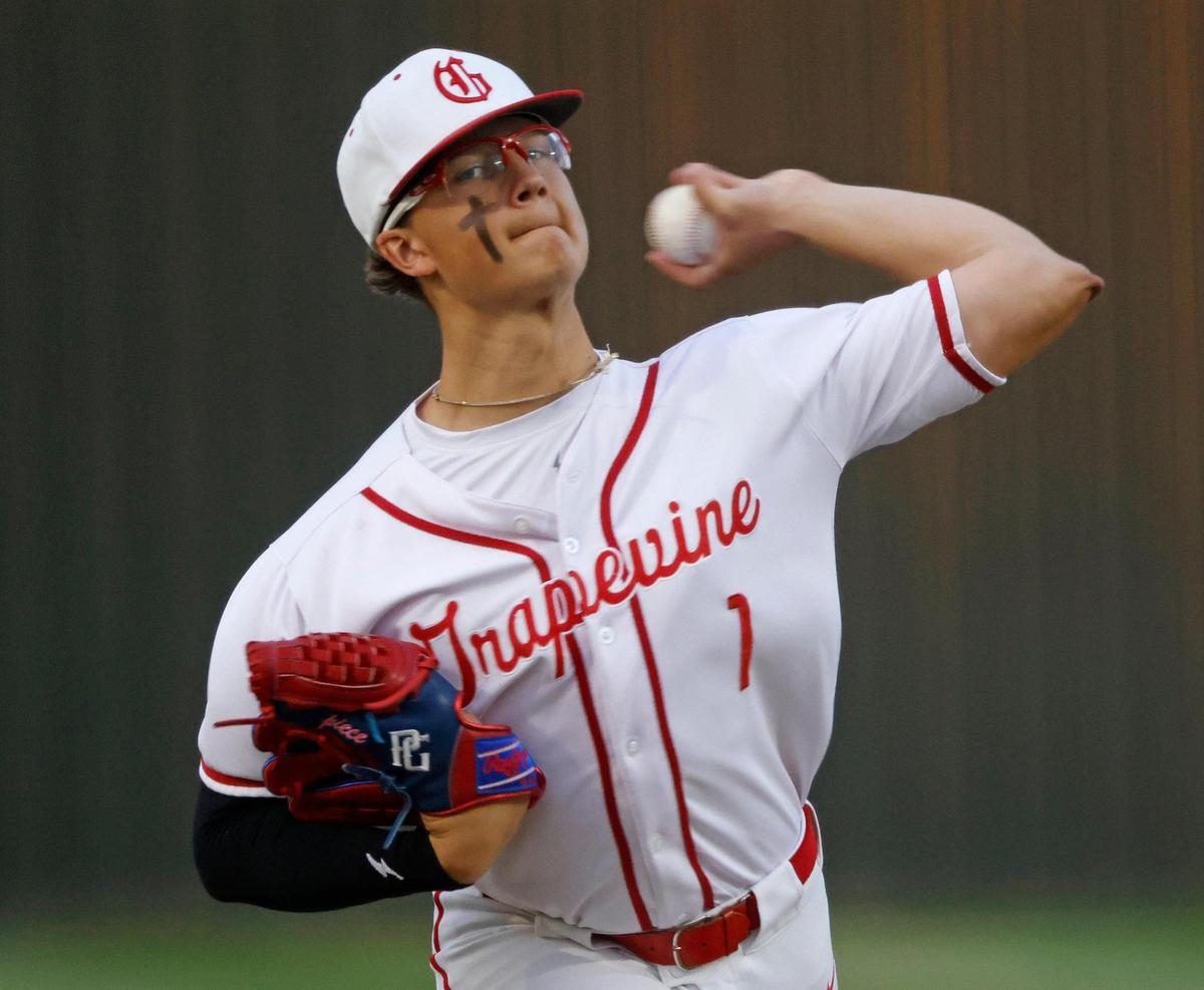 Grapevine pitcher Luke Esquivel (1) works in the first inning during a UIL baseball game at Grapevine Mustang Field in Grapevine, Texas, Thursday, Apr. 17, 2025.