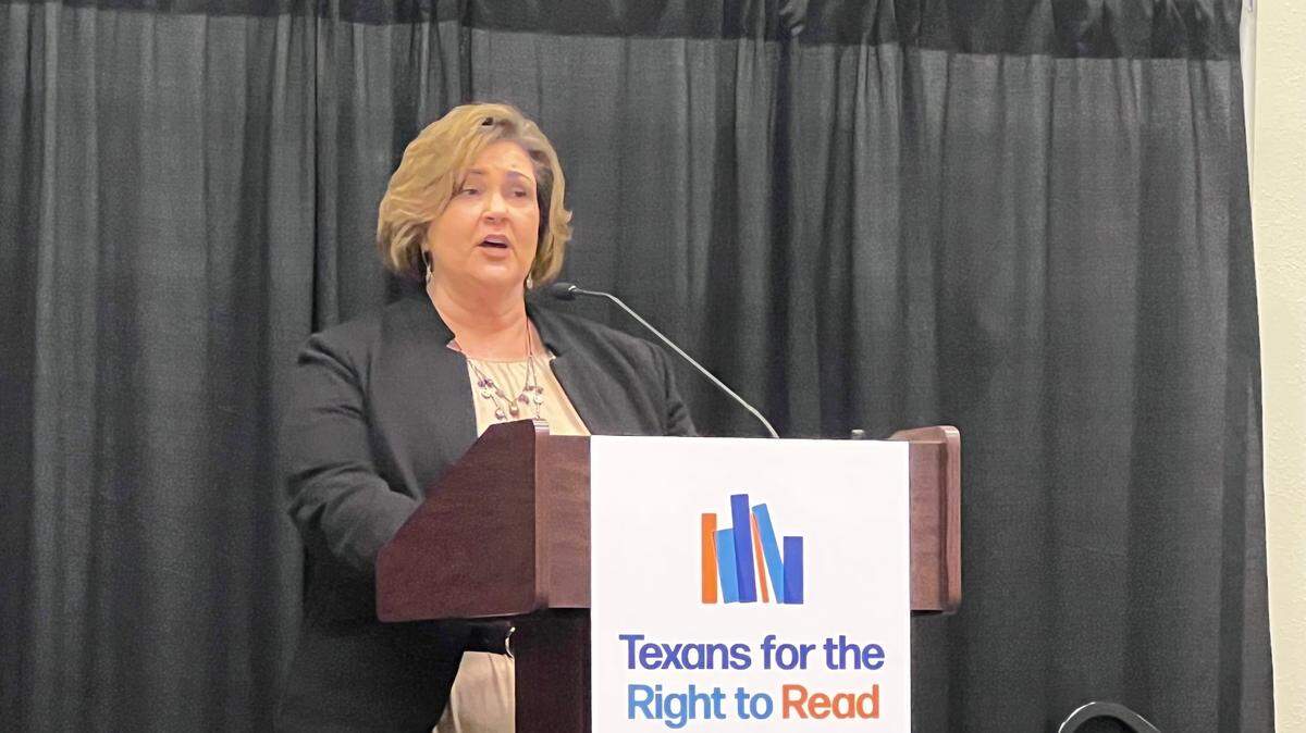 Texas Library Association President-Elect Mary Woodard speaks at a press conference for Texans for the Right to Read, an advocacy group opposed to book bans. 