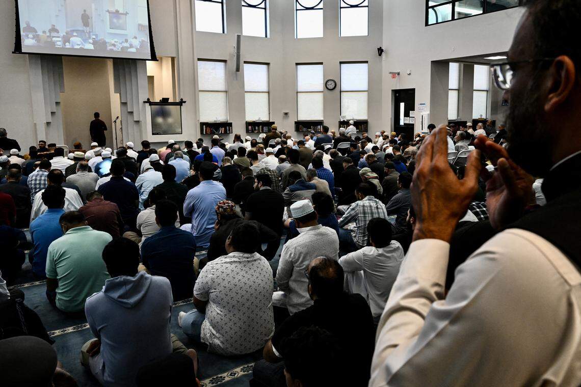 Muslims pray at a mosque during Friday prayers, in Plano, Texas, on April 11, 2025. Imran Chaudhary had received threats over plans to build 1,000 new homes, a community center, school, hospital, mosque and Islamic private school to serve the growing Muslim community near East Plano.