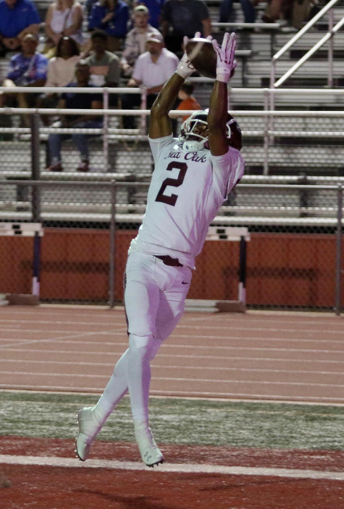 Red Oak’s Braydon Robinson can’t hold on to a pass in the endzone Burleson’s during a UIL football game at Burleson ISD Stadium on Friday , October 25, 2024.