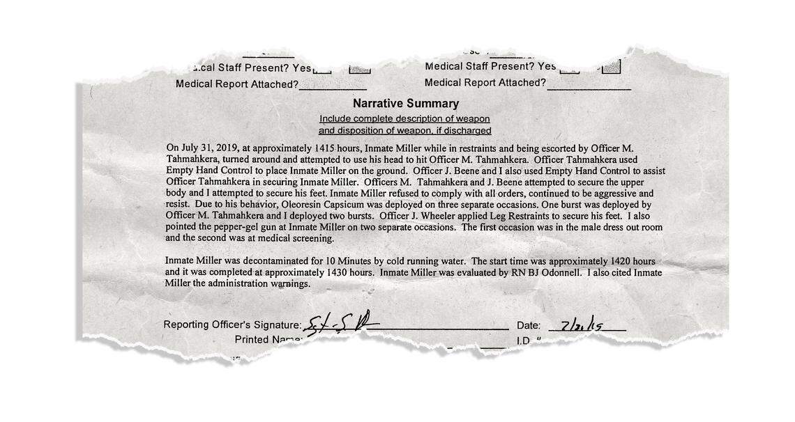 Sheriff’s Sgt. Sheldon Kelsey’s statement about pepper-spraying Robert Miller in jail.