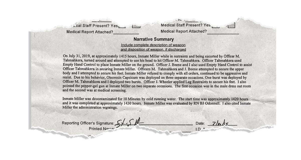 Sheriff’s Sgt. Sheldon Kelsey’s statement about pepper-spraying Robert Miller in jail.