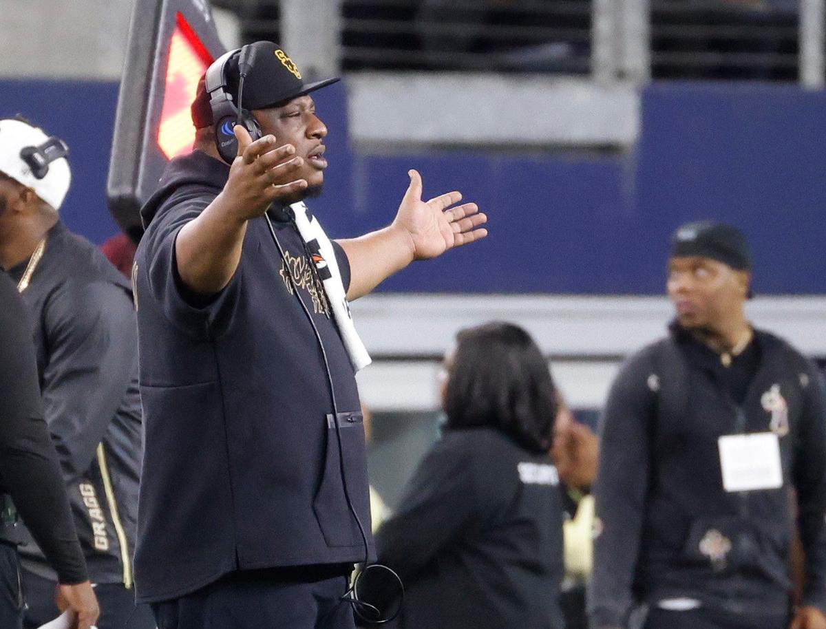 South Oak Cliff head coach Jason Todd questions a penalty call during the UIL 5A D2 State Championship football game at AT&T Stadium in Arlington, Texas, Friday, Dec. 20, 2024.