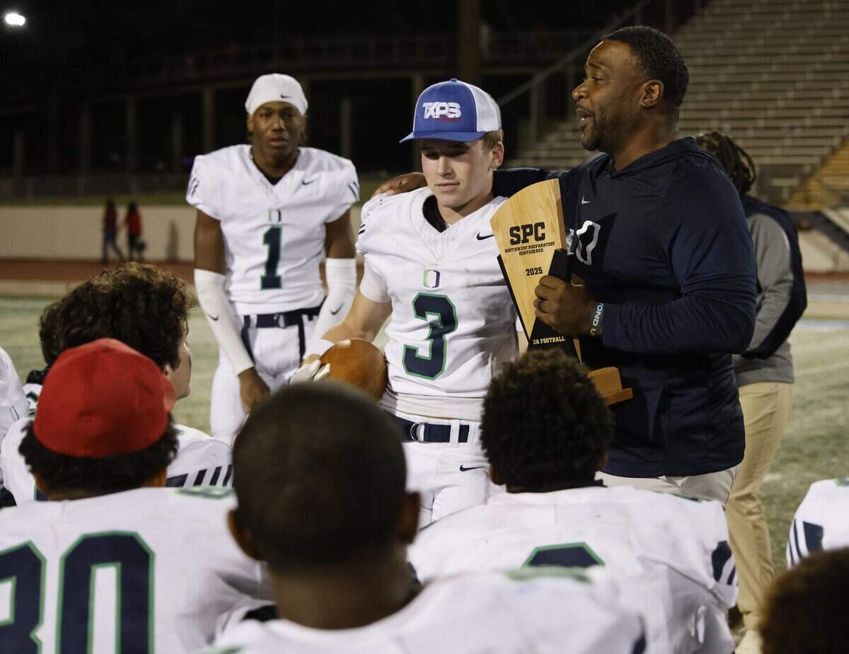 Oakridge head coach Jeromy Flowers talked about the seniors and what Oakridge's Cole Worthington meant to him after winning the SPC 2025 3A Football Championship football game between The Oakridge School and Fort Worth Country Day at Mavericks Stadium in Arlington, Texas, Saturday Nov. 08, 2025.