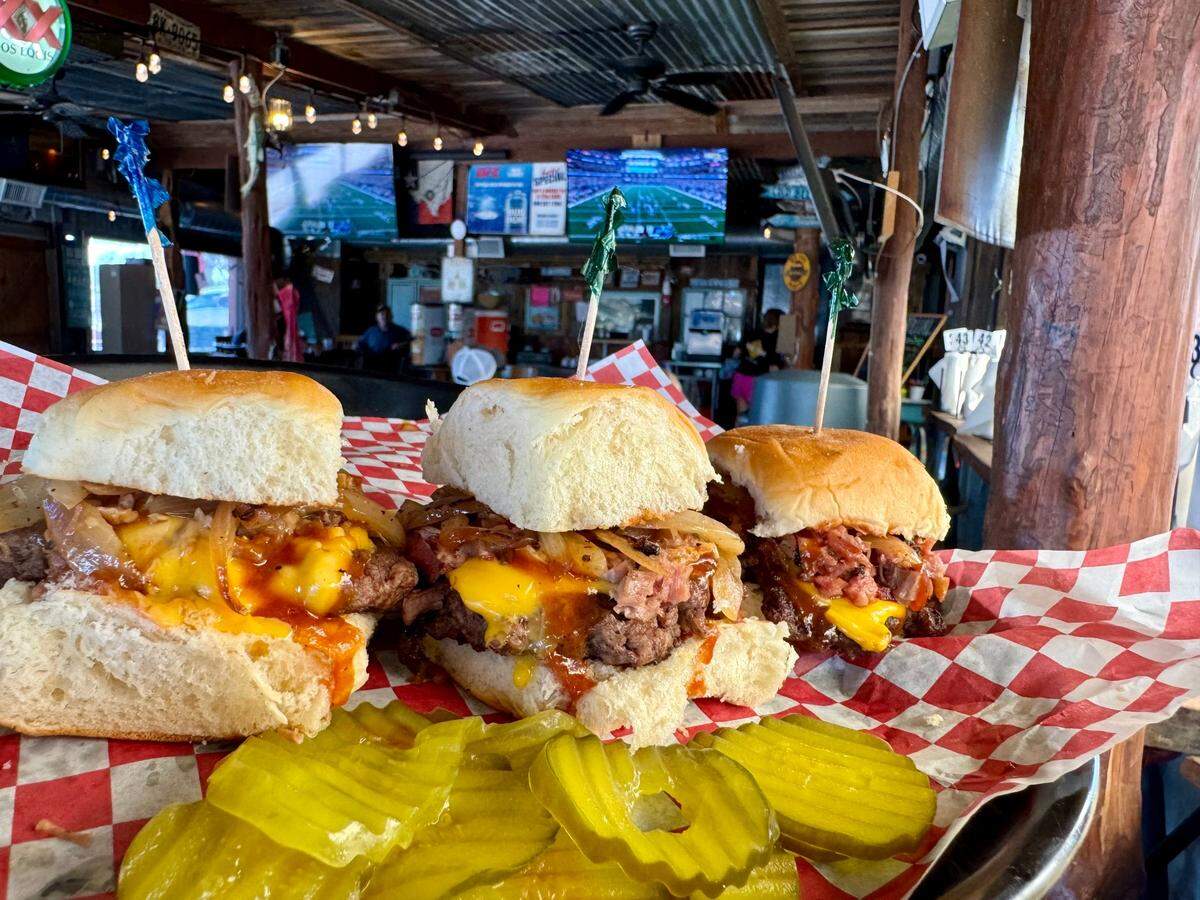 Sliders with a burger patty and smoked brisket at Dead End Trading Post, seen September 15, 2024.