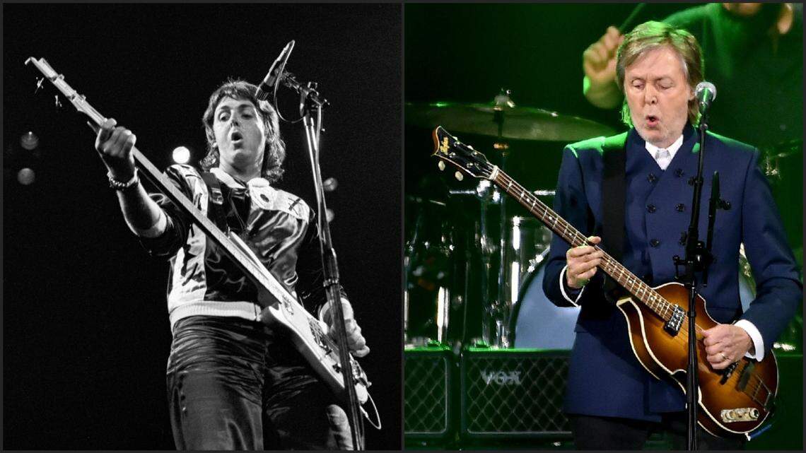 Paul McCartney returns to Fort Worth for a sold out show at Dickies Arena Tuesday night. The former Beatle last played the city on May 3, 1976 (left) the opening night of his historic “Wings Over America” tour. It was the first time he had performed a concert in America since The Beatles final tour in 1966. The image on the right is from Friday’s show at SoFi Stadium in Inglewood, Calif.
