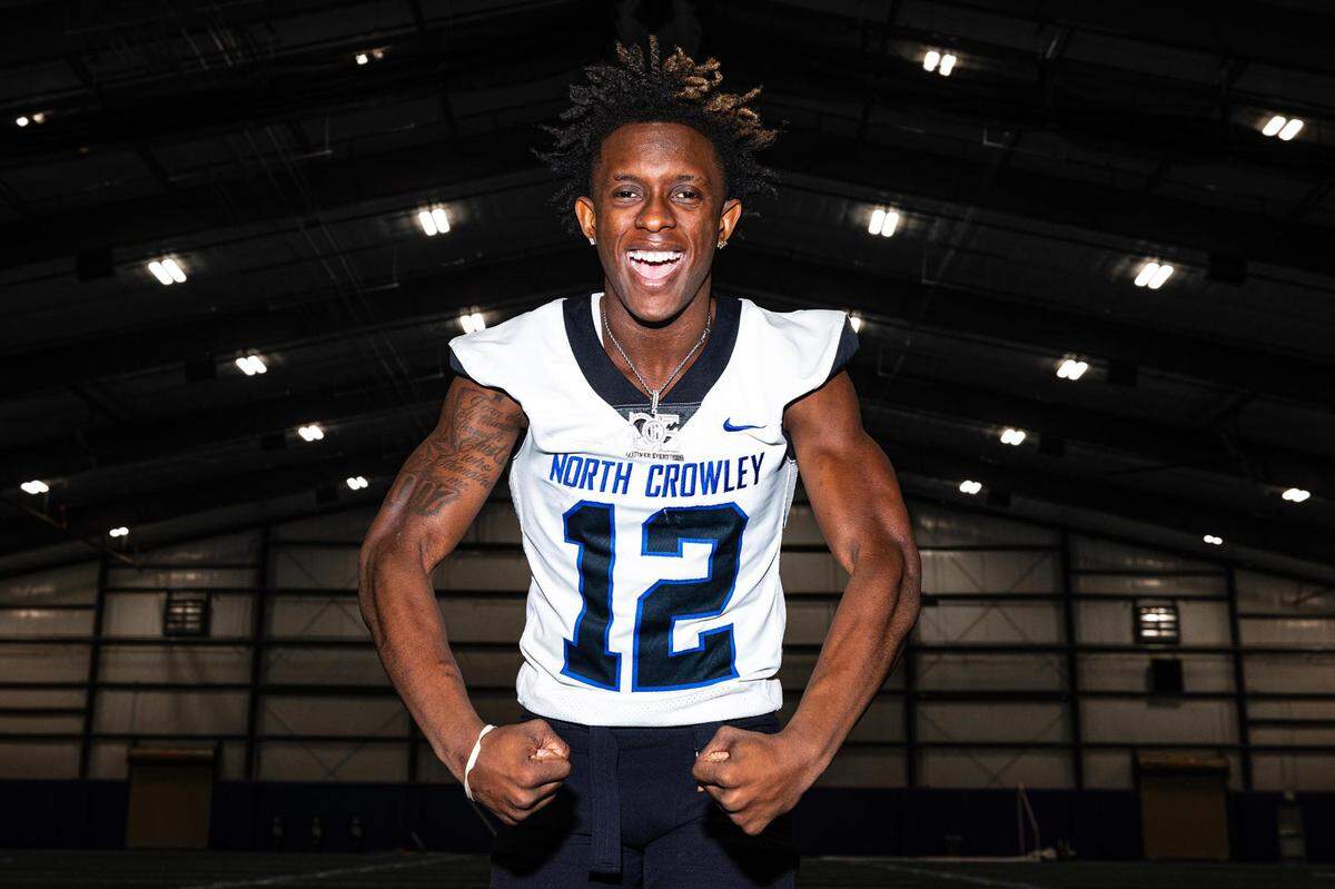 Chris Jimerson Jr., the junior quarterback at North Crowley High School and the 2023 Fort Worth-area Player of the Year, is photographed at the indoor football facility at North Crowley on Wednesday, Jan. 11, 2023.