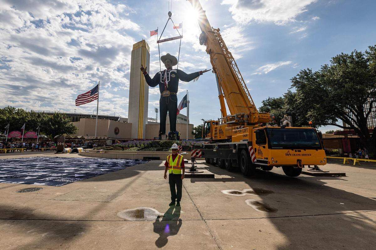 The iconic Big Tex statue is installed prior to the State Fair of Texas at Fair Park in Dallas on Friday, Sept. 22, 2023.