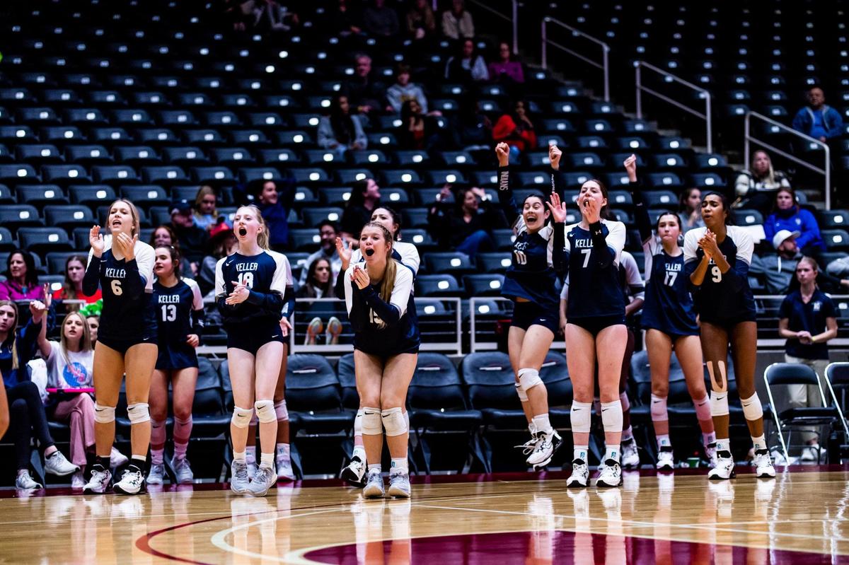 The Indians celebrate in set 5 of the 6A UIL state semifinal between Keller and Katy Tompkins at the Curtis Culwell Center in Garland on November 18th, 2022.