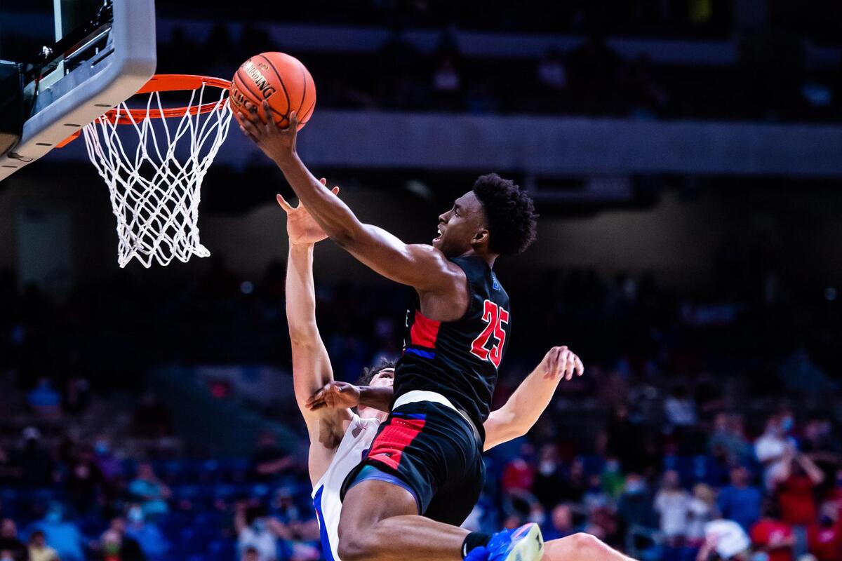 Damon Nicholas (25) lays up the ball and draws a defensive foul during the 6A state final between Duncanville and Austin Westlake at the Alamodome in San Antonio Texas, on March 13, 2021. Duncanville went on to win 66-53. (Photo by Matt Smith. Special to the Star-Telegram).