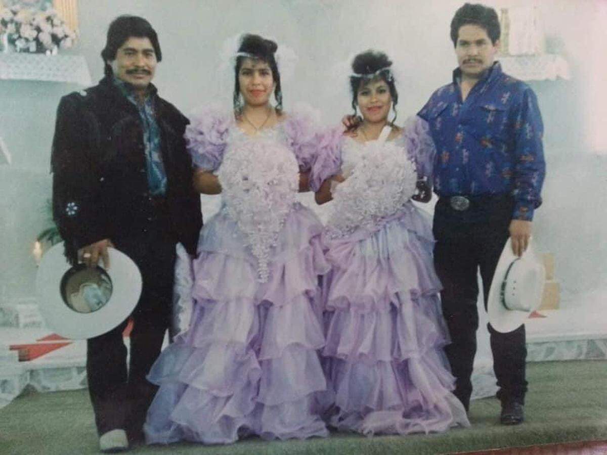 Sisters Elizabeth González, left, and Jo Anna Cardoza, right, celebrate their quiñceanera in San Luis Potosi in December 1993. Father Fernando Mezomo stands next to Elizabeth and Uncle Raul Mezomo stands next Jo Anna.