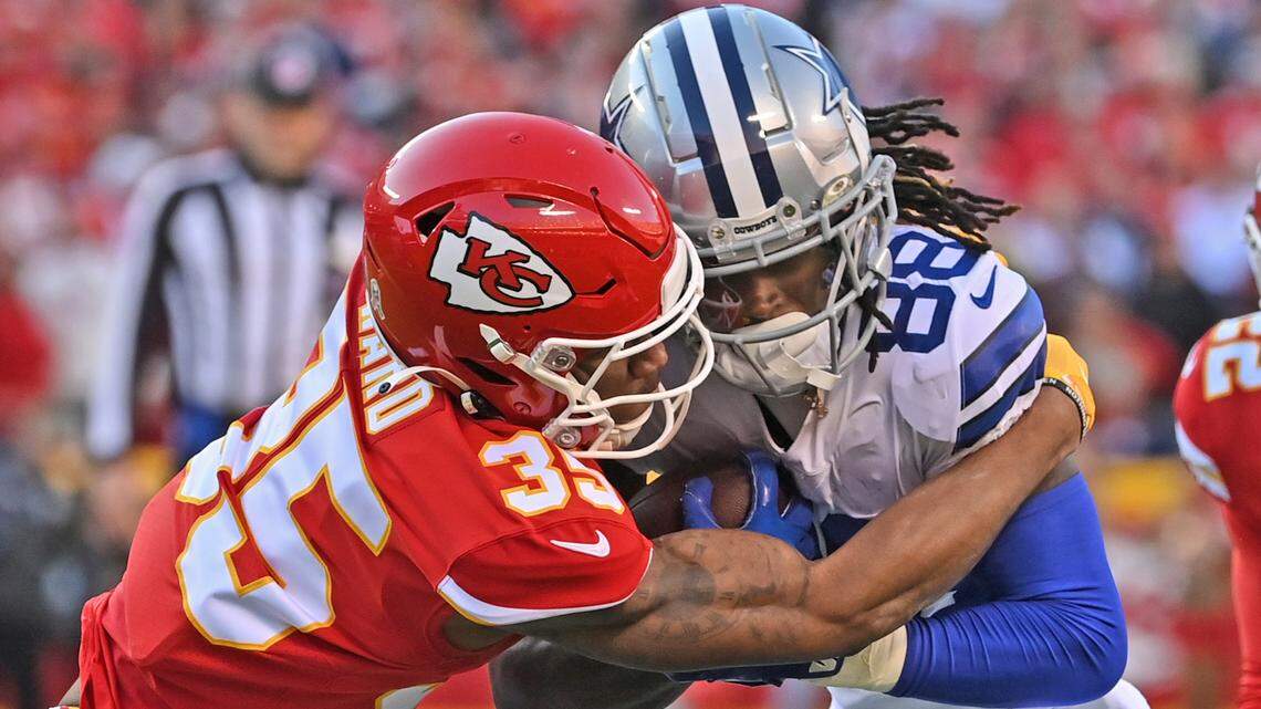 Kansas City Chiefs cornerback Charvarius Ward tackles Dallas Cowboys wide receiver CeeDee Lamb last week. Lamb suffered a concussion in the game and missed the Cowboys’ game Thanksgiving Day against the Las Vegas Raiders.