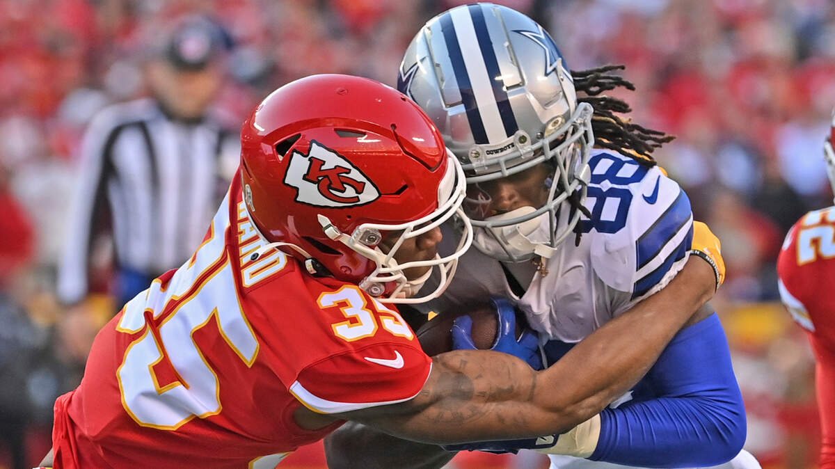 Kansas City Chiefs cornerback Charvarius Ward tackles Dallas Cowboys wide receiver CeeDee Lamb last week. Lamb suffered a concussion in the game and missed the Cowboys’ game Thanksgiving Day against the Las Vegas Raiders.