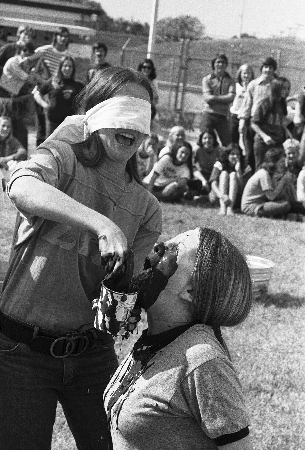 Oct. 14, 1972: Janie Jarboe, a sophomore at the University of Texas at Arlington, feeds UTA freshman Shauna Payne licorice ice cream in an eating contest at UTA. The girls were competing for Zeta Tau Alpha sorority in the school’s annual Winter Olympics. They won first place.