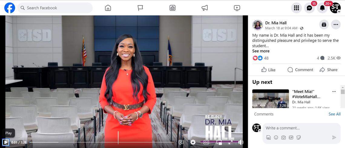Crowley school board member Mia Hall used a district video for her reelection campaign. Her opponent said using the district video is a violation of the election code.