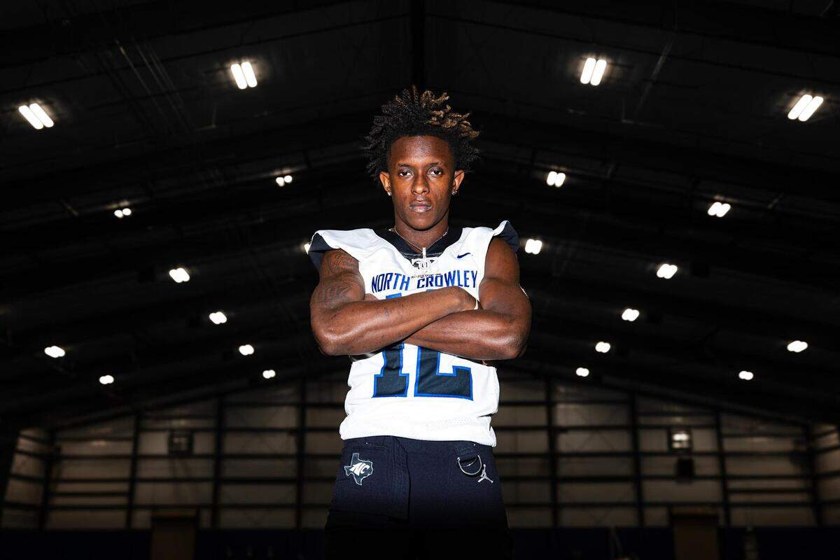 Chris Jimerson Jr., the junior quarterback at North Crowley High School and 2023 Fort Worth-area Player of the Year, is photographed at the indoor football facility at North Crowley on Wednesday, Jan. 11, 2023.