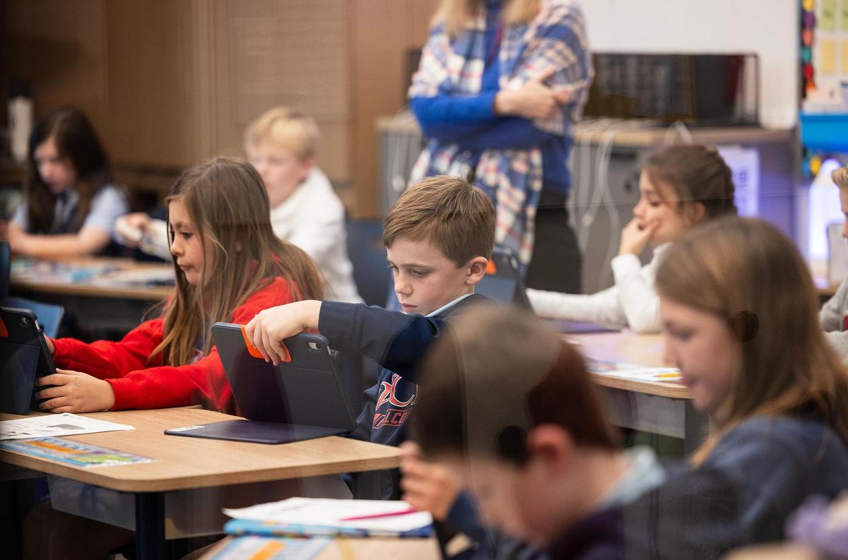 Students use technology during a lesson at the new Annie Richardson Bass Lower School at Fort Worth Country Day on Tuesday, Feb. 18, 2025.
