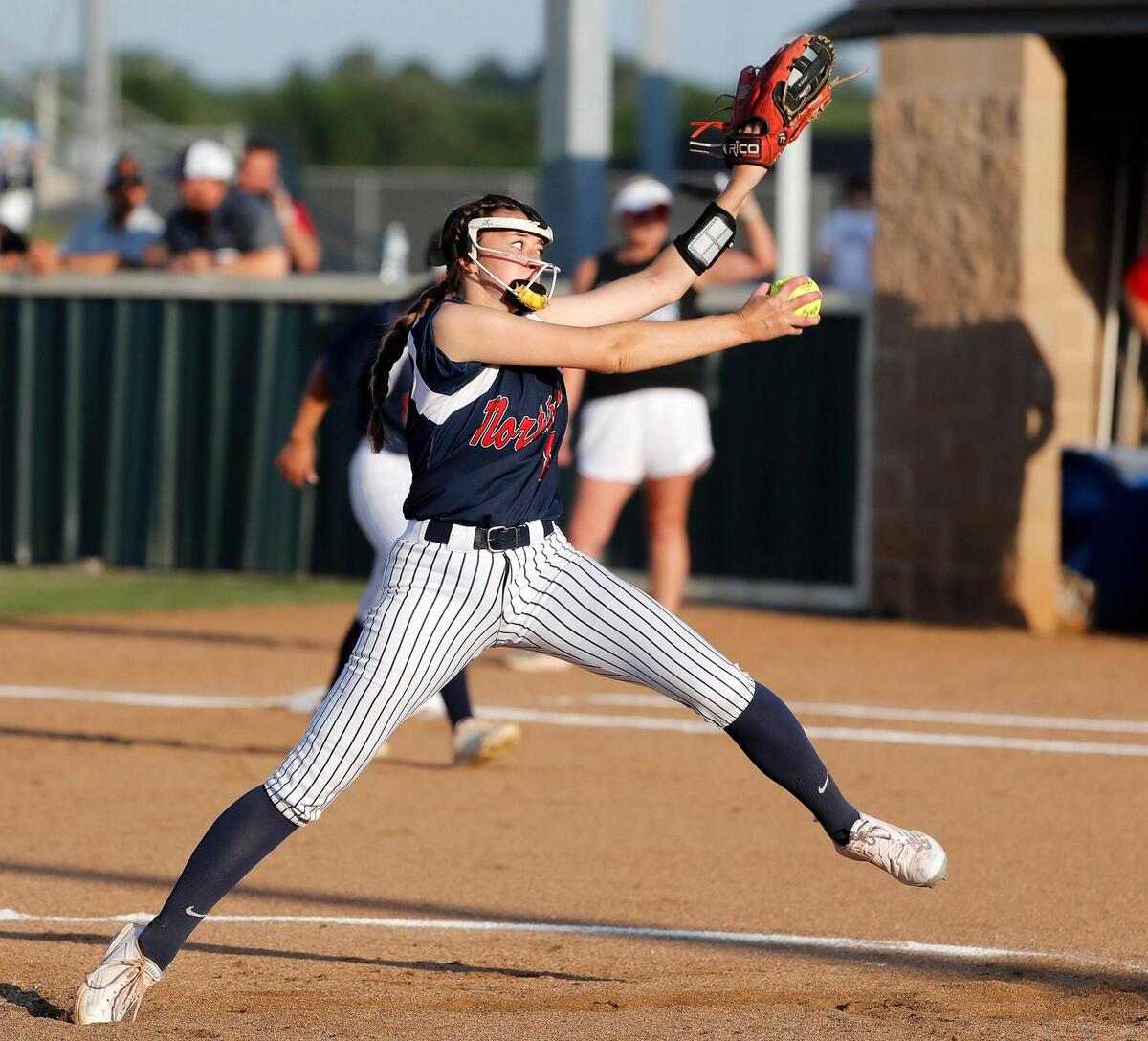 Northwest pitcher Abi Young (8) works in the first inning during a UIL 5A Region 1 quarter-final playoff softball name at Spartans Softball Field in Mansfield, Texas, Wednesday, May 11, 2022. Centennial defeated Northwest 7-5 in game one. Game two will be at Northwest High School Thursday with game three at Weatherford High School if necessary. (Special to the Star-Telegram Bob Booth)