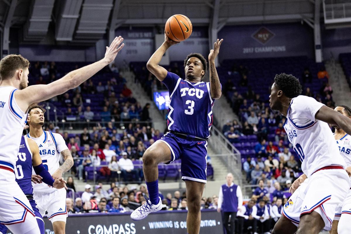 TCU guard Vasean Allette (3) shoots a floater in the first half of an NCAA game between TCU and Kansas at Schollmaier Arena in Fort Worth on Wednesday, Jan. 22, 2025.