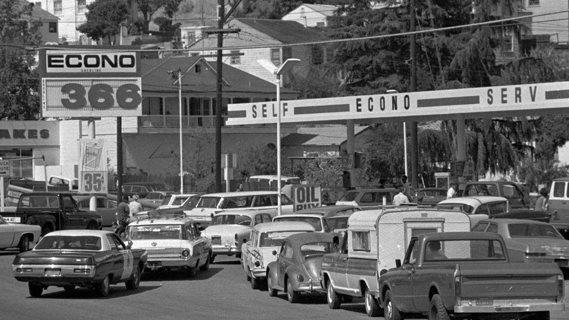 FILE - Cars line up for gas at a California gas station in the 1970s (AP Photo/File)