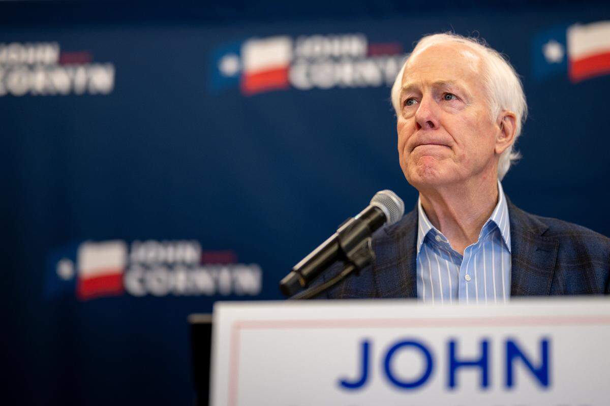 AUSTIN, TEXAS - MARCH 03: Sen. John Cornyn (R-TX) speaks to members of the media at the Austin Marriott Downtown on March 03, 2026 in Austin, Texas. Early results indicate a runoff race between Cornyn and opponent Texas Attorney General Ken Paxton. (Photo by Brandon Bell/Getty Images)