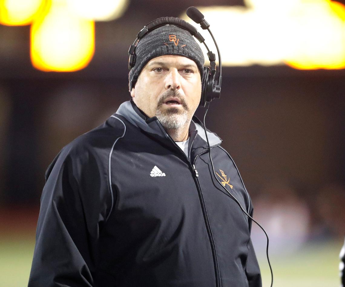 Bowie head coach Danny DeArman peers down the sideline during the first half of a high school football game at Wilemon Field in Arlington, Texas, Friday, Nov. 01, 2019. The game between Bowie and Lamar was tied at 10 at the half. (Special to the Star-Telegram Bob Booth)