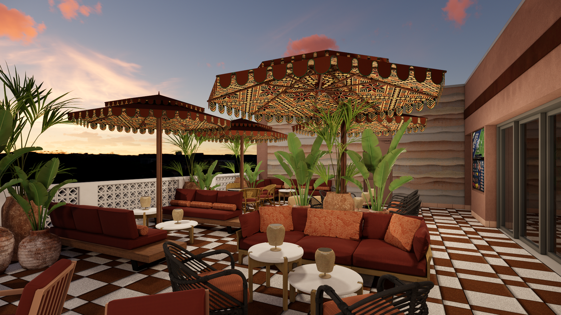 The rooftop terrace at the Caravan Court Hotel opening in spring 2026 in Arlington. The views from the top of the sixth-floor hotel include AT&T Stadium.