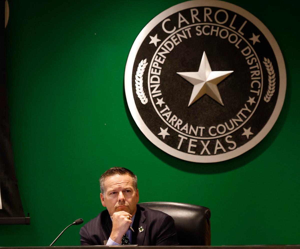 Southlake trustee Alex Sexton listens to an attendee speak during a Southlake Carroll ISD school board meeting at the administration building in Southalke, Texas, Wednesday, May 15, 2024. Among topics discussed are the recent findings by the Educations Department of violations of student rights. (Special to the Star-Telegram/Bob Booth)