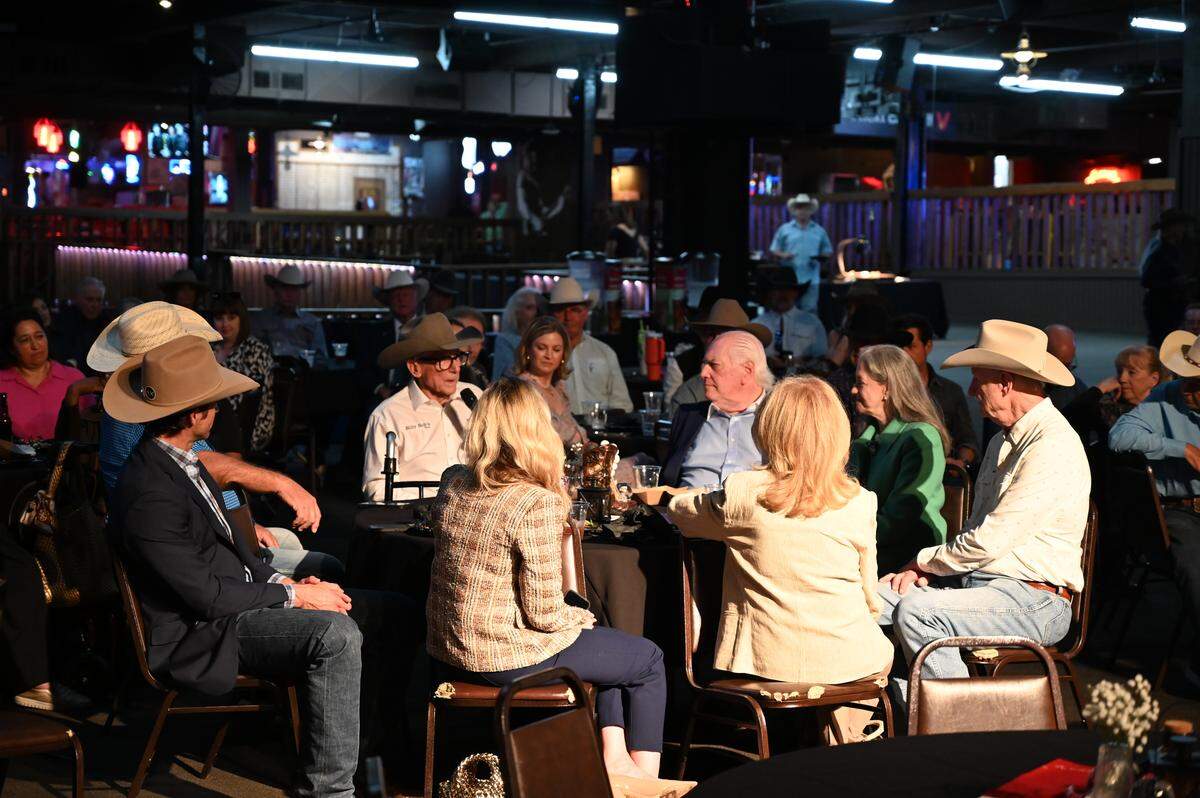 Billy Minick (with microphone) speaks at Billy Bob’s Texas’ 45th anniversary party on April 1, 2026.