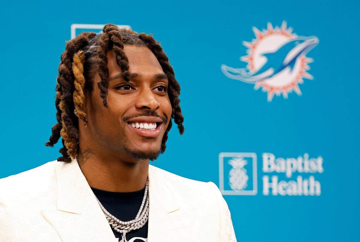 Miami Dolphins cornerback Jalen Ramsey is introduced during an NFL football news conference, Thursday, March 16, 2023 in Miami Gardens, Fla. (AP Photo/Rhona Wise)