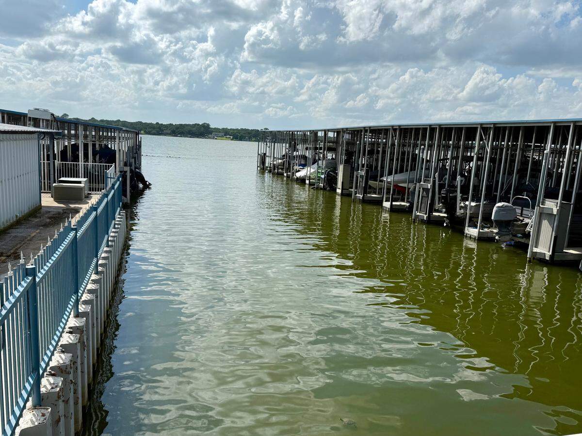 The view from the patio at the Anchor on Eagle Mountain Lake grill and bar on Peden Road northwest of Fort Worth, Texas, July 15, 2025.