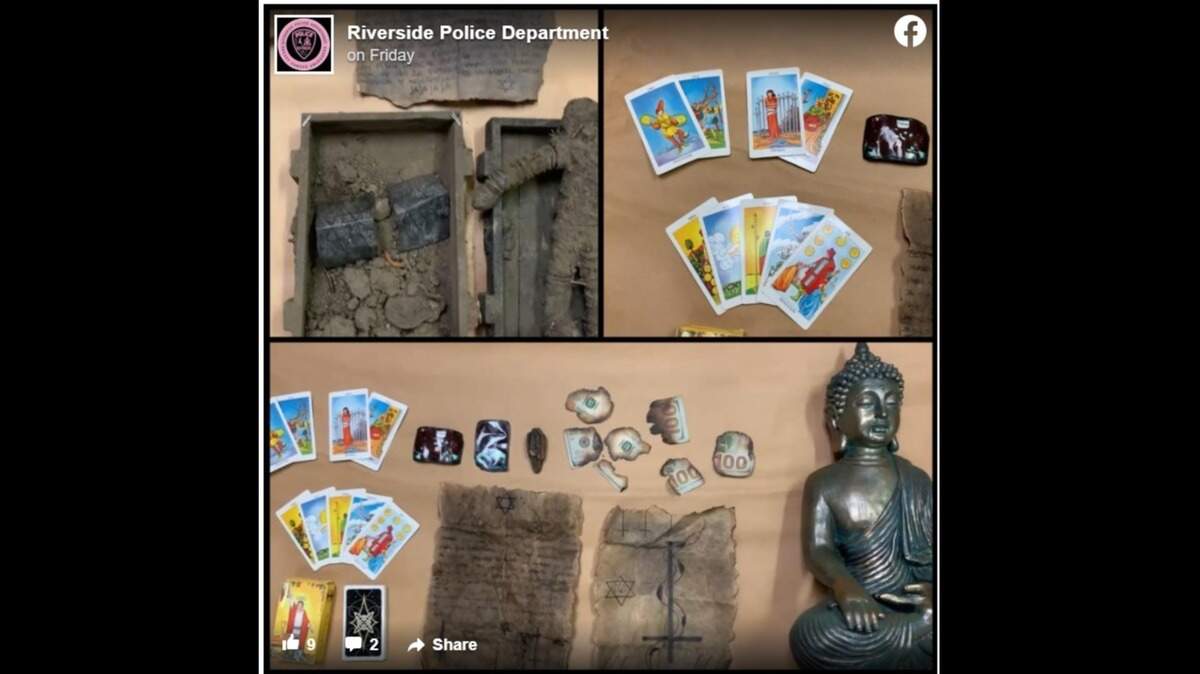 Riverside, California, police located a significant amount of cash, along with several items such as a voodoo doll, tarot cards, altars, religious and satanic type objects, and a small live snake, a news release said.
