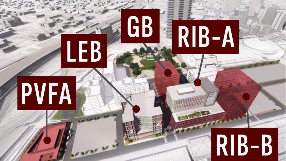 A rendering of Texas A&M's new Fort Worth campus showing five possible buildings.