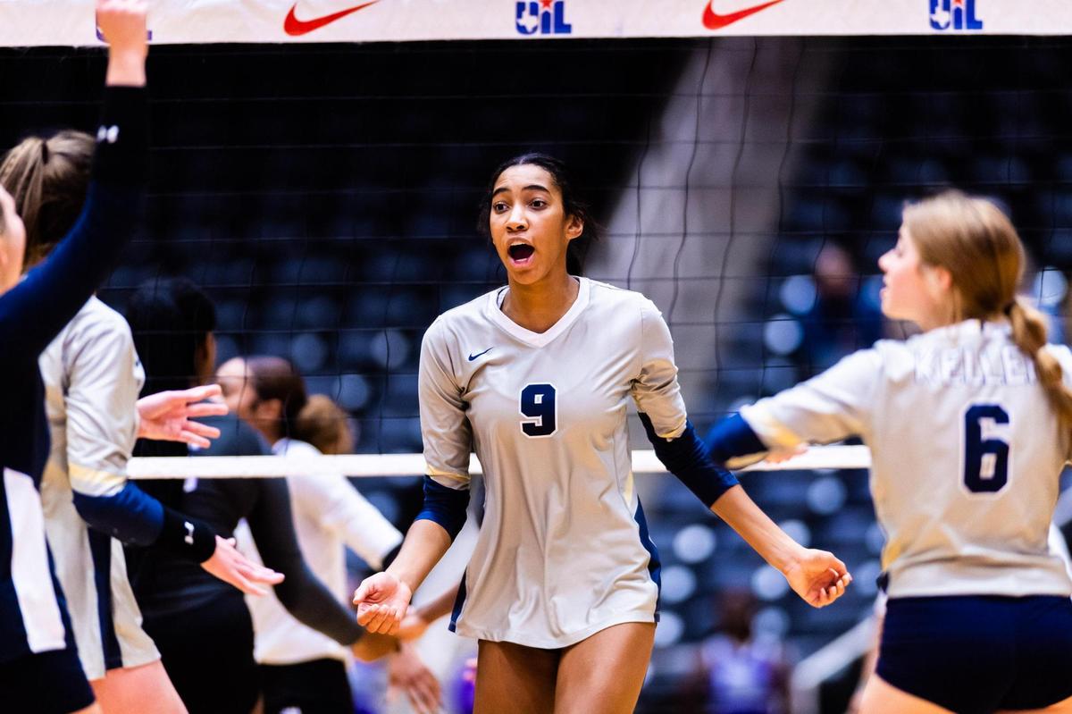 Leah Ford (9) celebrates a kill during the 6A state semifinal game between Keller and Fort Bend Ridge Point at the Curtis Culwell Center in Garland on November 19, 2021. Photo by Matt Smith. Special to the Star-Telegram.