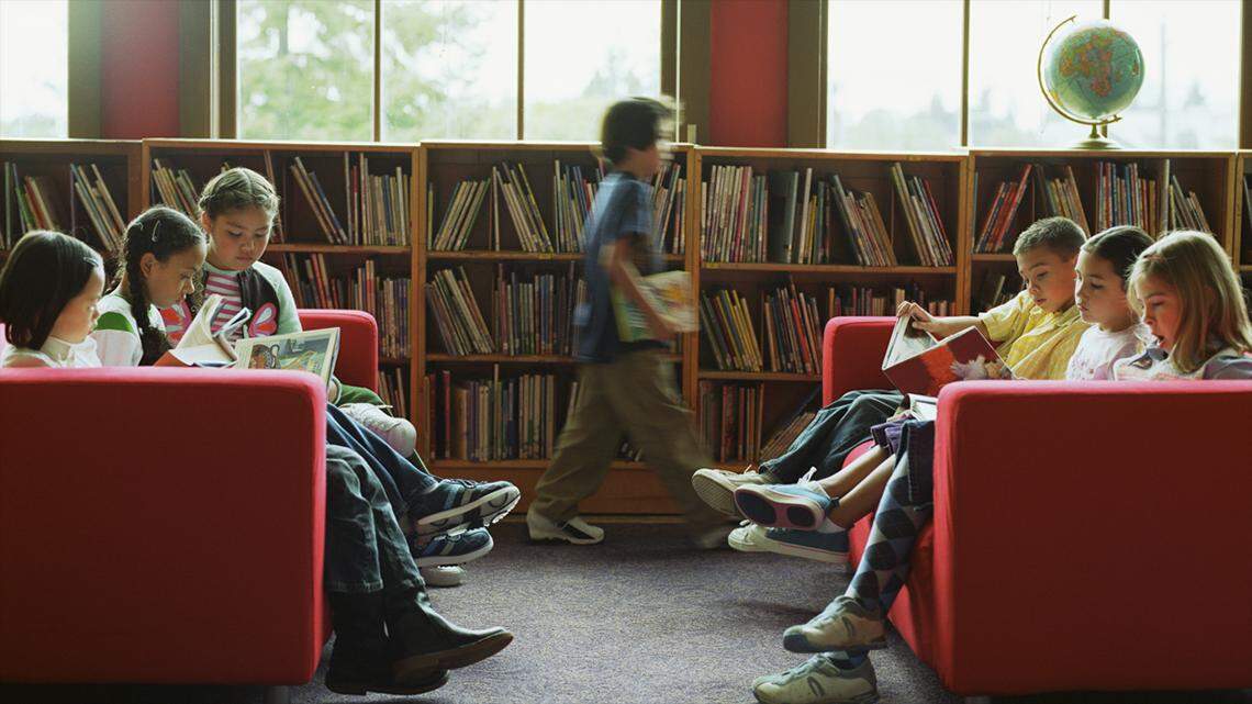 Children reading in school library