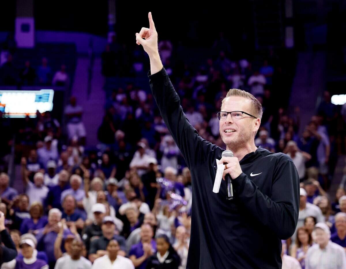 TCU head coach Mark Campbell celebrates and addresses fans after moving on to the Sweet 16 by defeating Washington in a second round NCAA Division I Women's Basketball Championship game at Schollmeier Arena in Fort Worth, Texas, Sunday, March, 22, 2026.