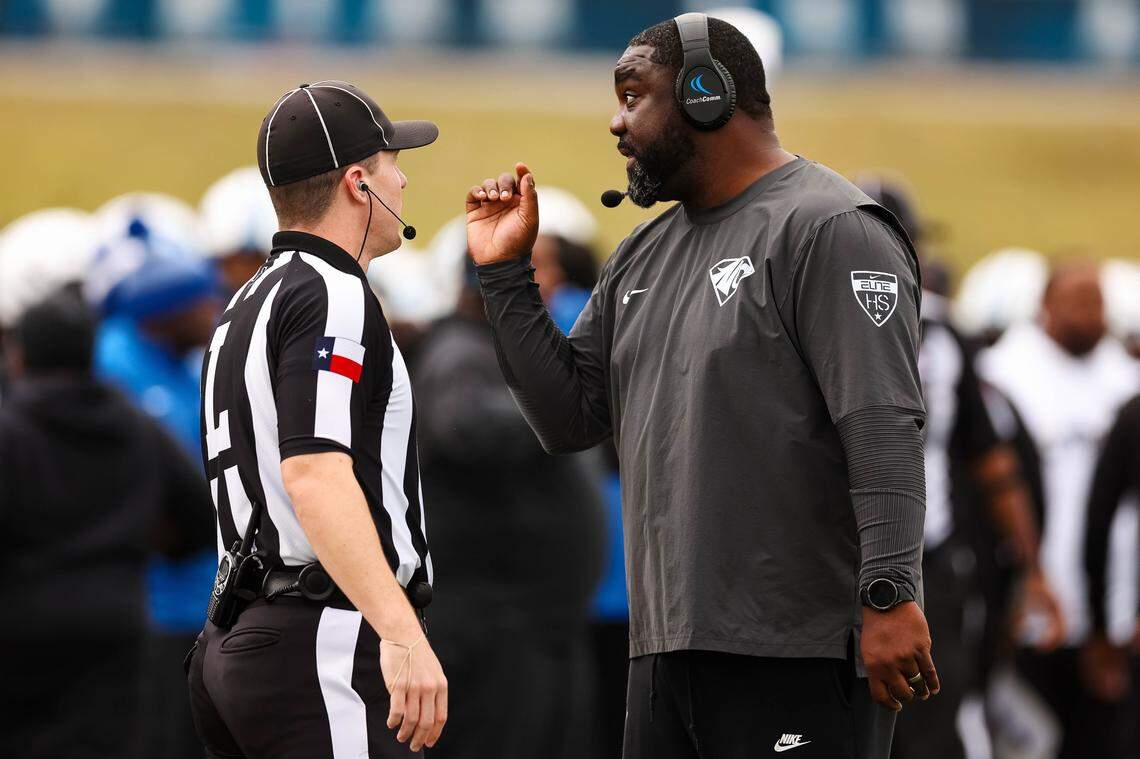 North Crowley head coach Ray Gates points while talking to an official on the sideline during a Class 6A Division I regional playoff against Coppell on Saturday, Nov. 29, 2025, at Midlothian ISD Stadium in Midlothian.